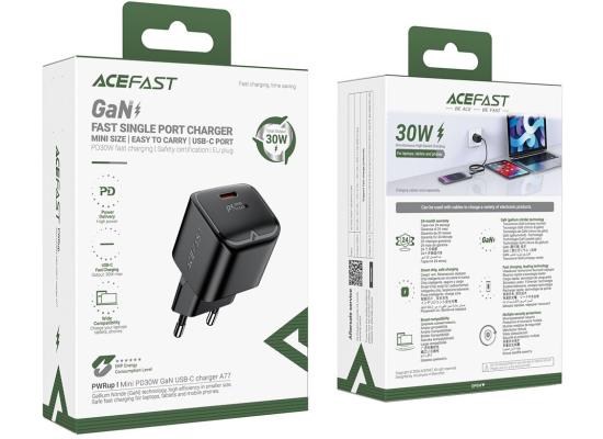 ACEFAST A77 Mini PD 30W GaN Wall Charger Type-C Port Phone Fast Charging Adapter, EU Plug - Black